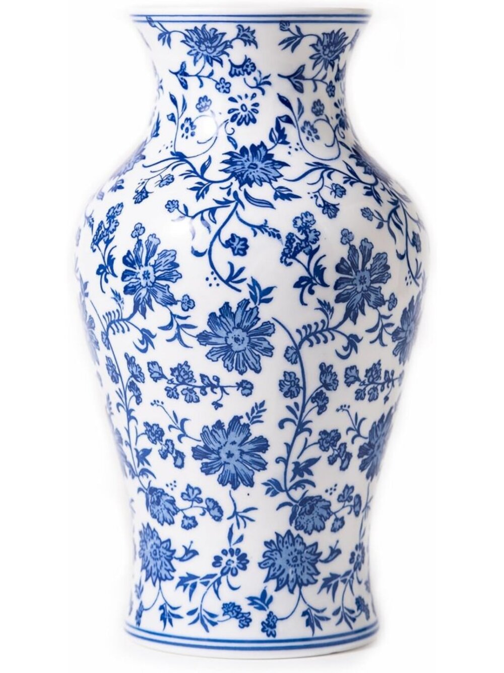Elegant Blue and White Porcelain Ginger Jar Vase - 11" Chinoiserie Flower Decor